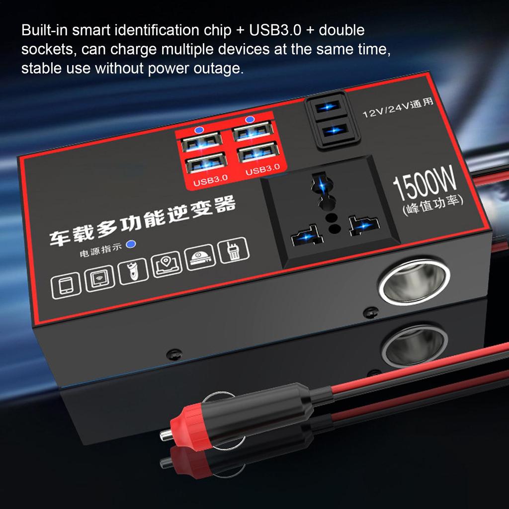Car Power Inverter 220V Car Power Converter For Plug Outlet 1500W Multiple Ports Automobile Adapter USB Charging For Workstation