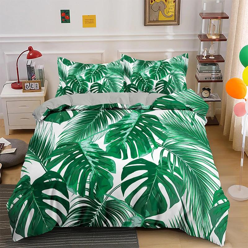 Tropical Botanical Leaves King Queen Duvet Cover Green Palm Leaves Polyester Bedding Set for Kids Teens Adults with Pillowcase