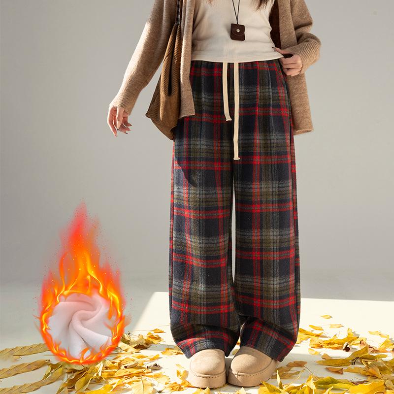 Women s Spring Plaid High-Waist Velvet Wool-Blend Wide-Leg Pants Large