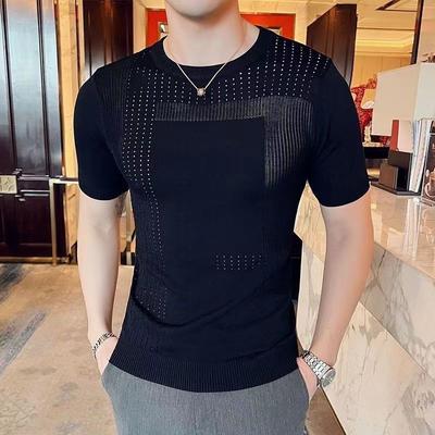 Summer Round Neck Ice Silk Hollow Knitted Short-sleeved Base Thin Men's Trendy Half-sleeved T-shirt Breathable  Sweater