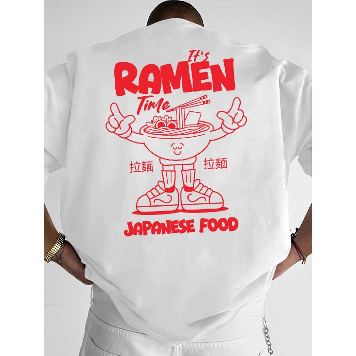 Men's Japanese Ramen Bowl (Ramen Noodle) Print T-Shirt - Breathable Summer Tee with Drop Shoulder, Round Neck Casual Short Sleeve Top, Machine
