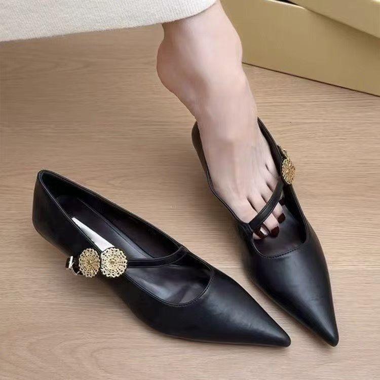 Spring and Autumn New One-word Temperament Low-heeled Commuting Versatile Mary Jane Shoes French Pointed Thin Heel Single Shoes Women