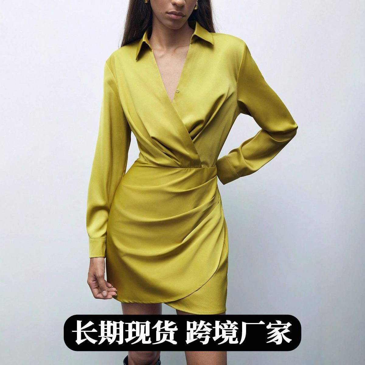 Women Lapel Collar Satin Wrap Ruched Asymmetrical Hem Mini Dress S