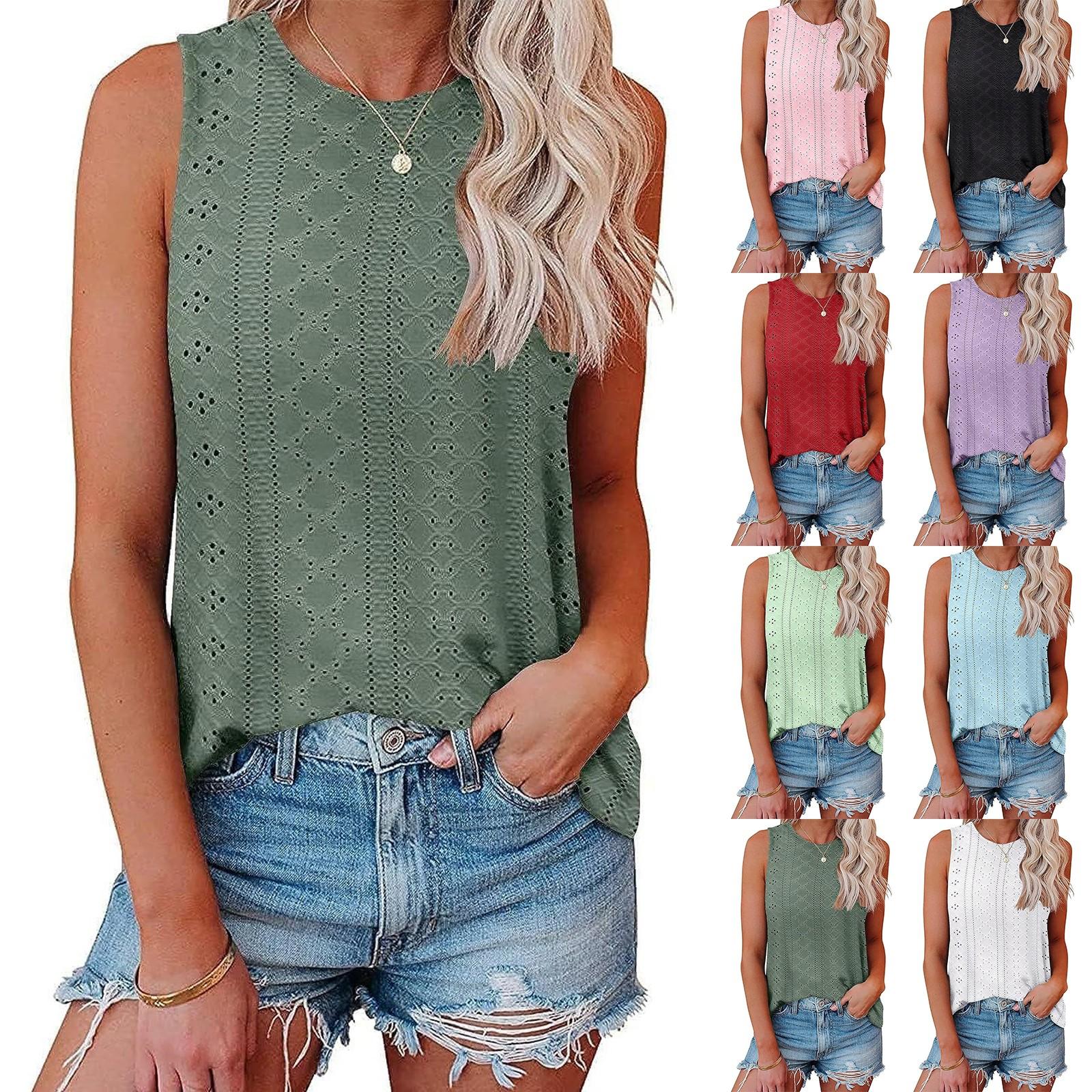 

Women s Summer Fashion Eyelet Round Neck T-Shirt Casual Sleeveless Vest Top