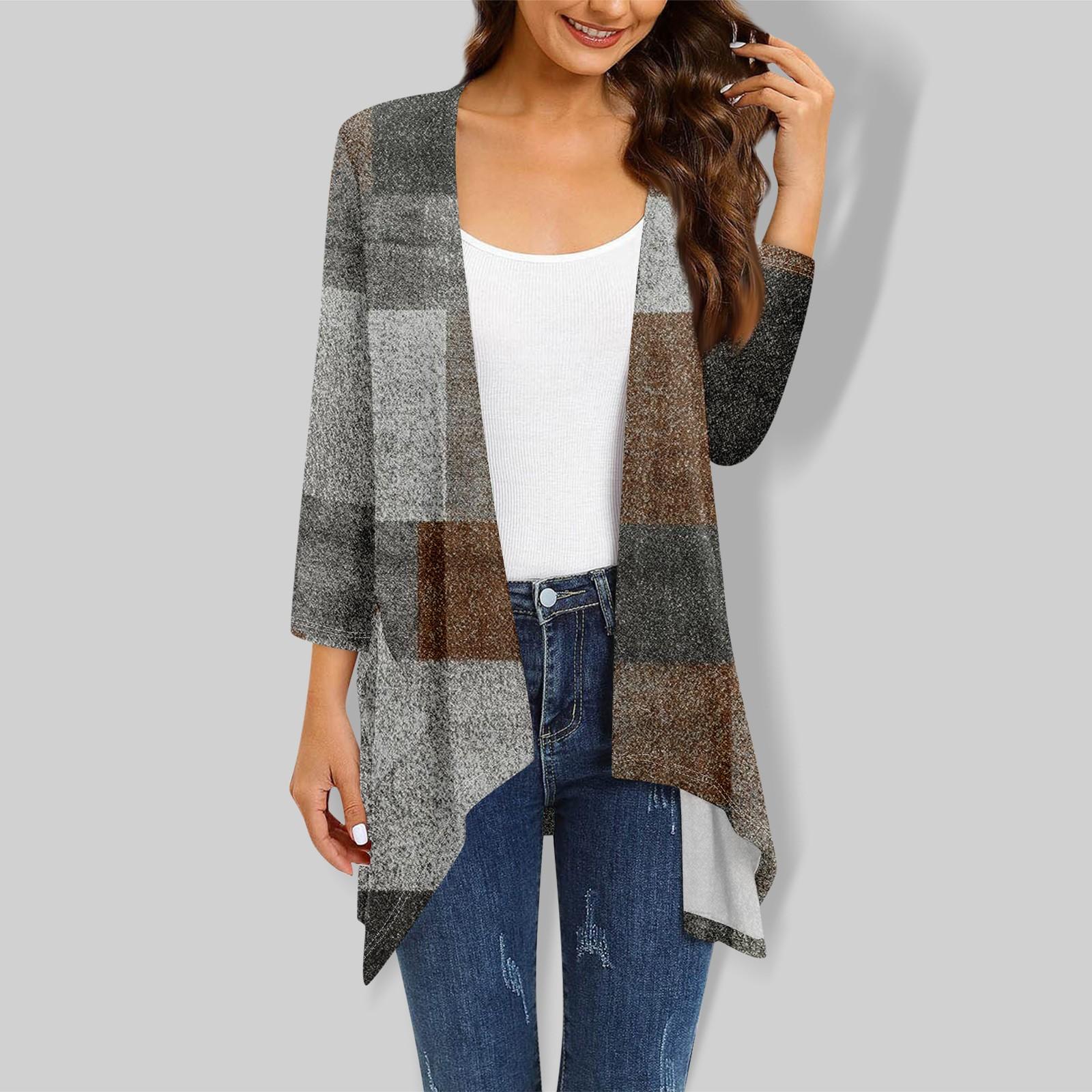 

Женский кардиган с рукавом 3/4 и принтом, вязаный легкий кардиган с открытой передней частью и карманами XXXXXL