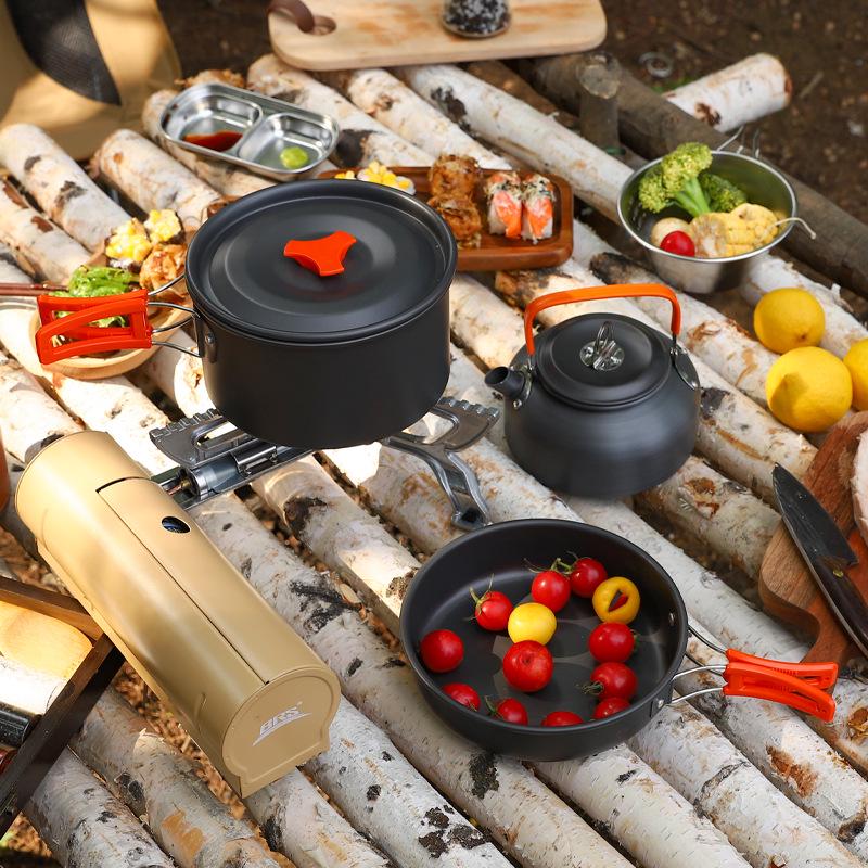 Portable Camping Cookware Set for 2-3 People - Includes Cookware, Teapot, and Utensils (DS-308)