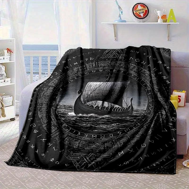 Viking Ship At Sea Blanket Flannel Blanket for Bed, Sofa, Camping, Hiking, Picnic Essentials, Gift for Family Fan Gifts