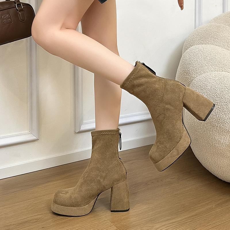Winter Platform Thick Heels Woman Modern Ankle Boots Round Toe Party Dress Shoes Female Vintage Stretch Slim Short Booties