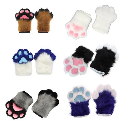Furry Paw Gloves Cute Dog Paw Cosplays Faux Fur Plush Wolf Bear Animal Paw Mittens for Girls Women Costume Party