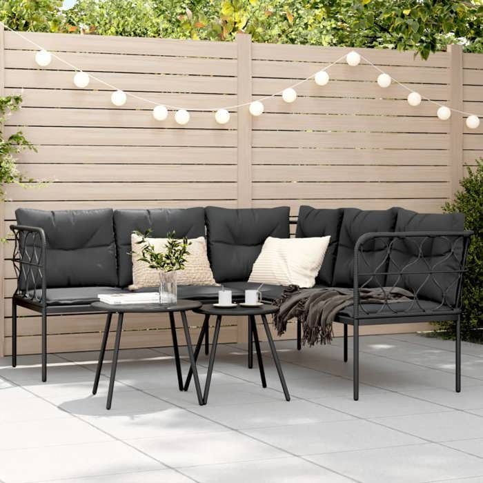 VidaXL Garden Sofa with Cushions L-shaped Black Steel Textilene, Outdoor Sofa, Garden Seat, Sunbed of 4008110