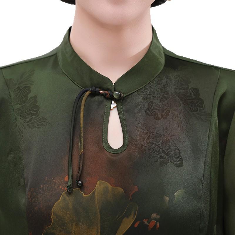 2026 Summer New Chinese Style Silk-Look Five-Sleeve Dress for Women - Trendy and Slimming for Middle-Aged and Elderly
