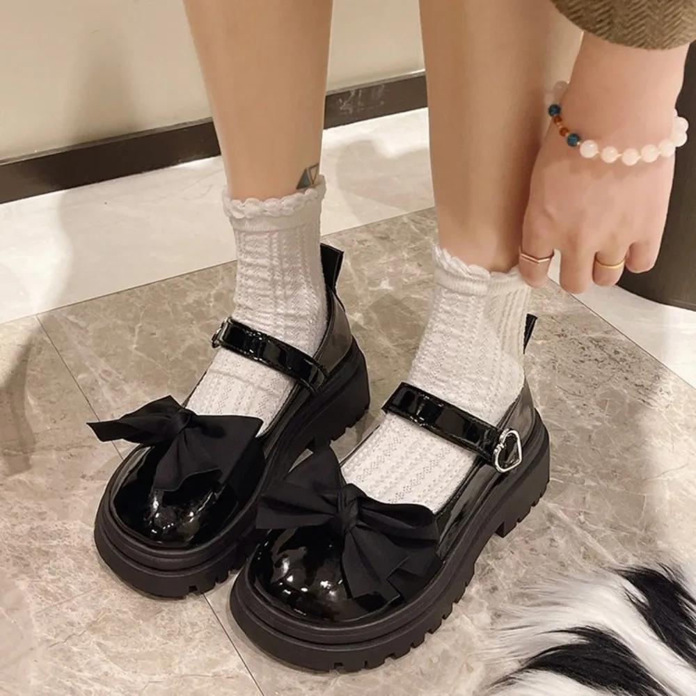 

Fashion “Japanese JK Vibe” Black Patent - Leather Mary Janes with Bows, Thick - Soled, Perfect for Campus & Casual Looks 35