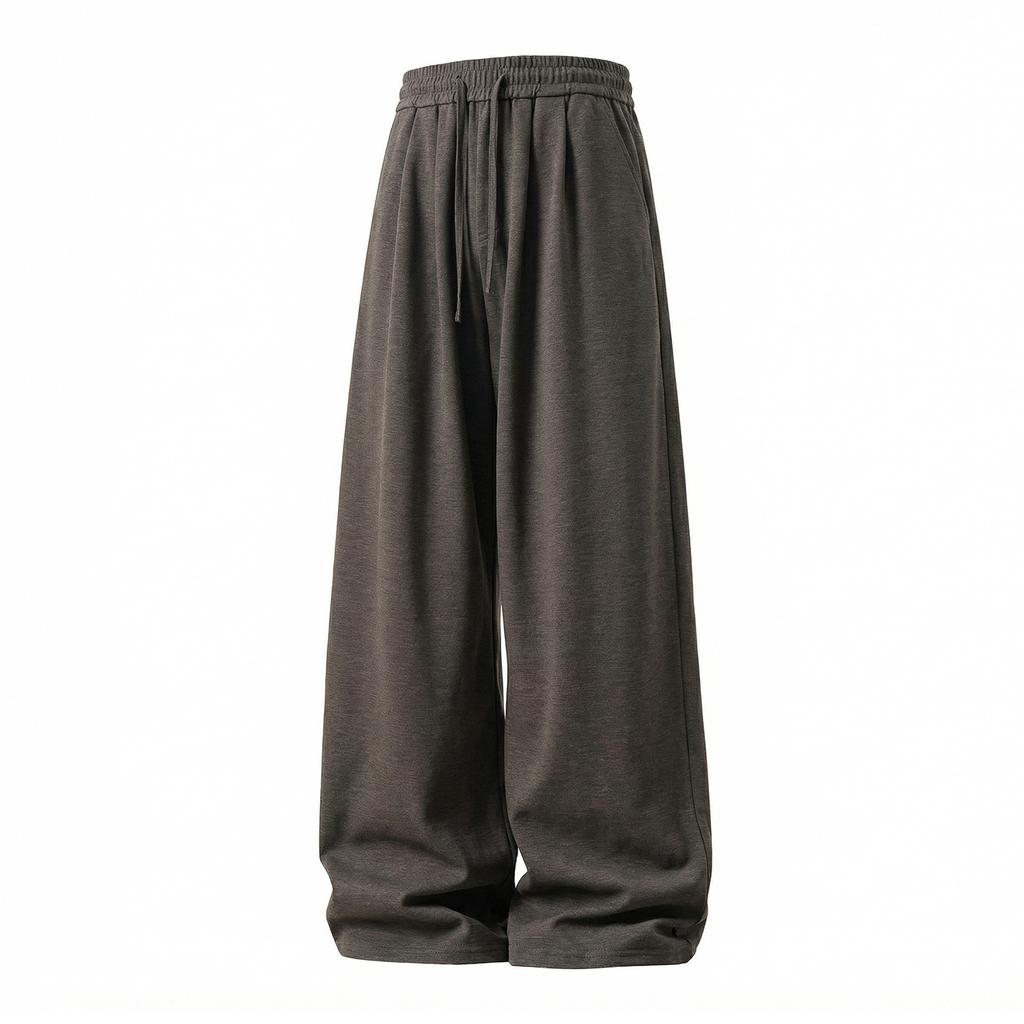 Mens Loose Draped Double Pleated Waist Straight Casual Long Trousers