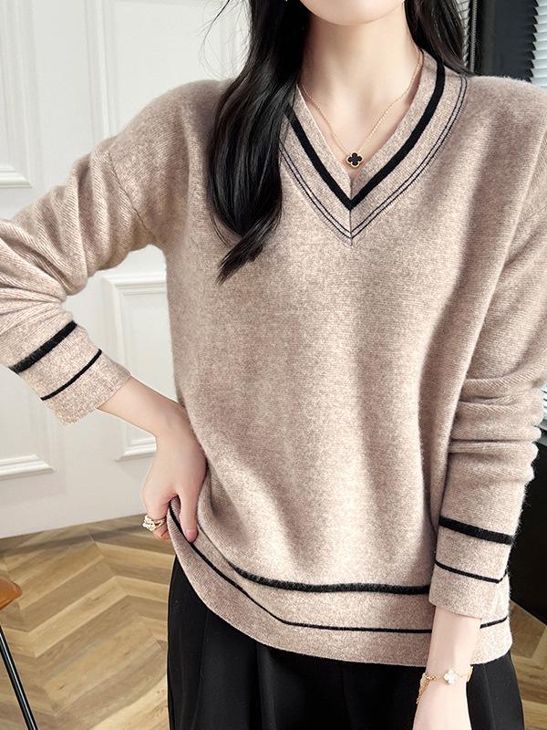 Women's Color-Block V-Neck Long Sleeve Loose Wool Pullover Sweater