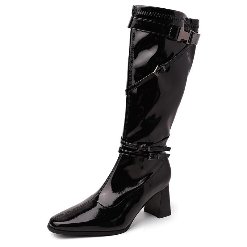 Winter Fashion Pointed Toe Woman Knee-High Boots Street Style High Heels Ladies Belt Buckle Long Booties Shoes