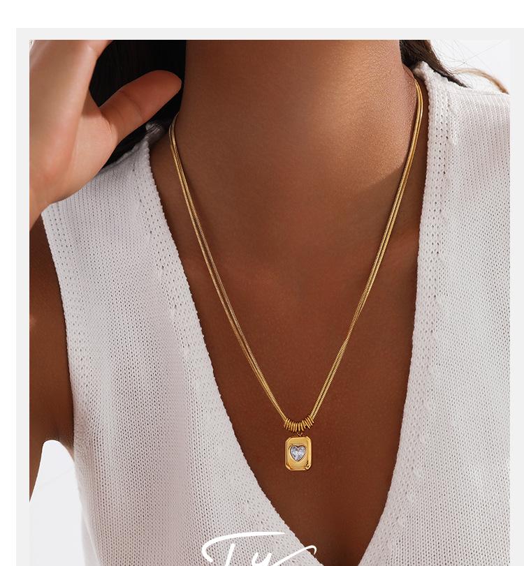 Rhinestone Peach Heart Snake Bone Chain Necklace: Women's Double-Layer Stainless Steel Jewelry with High-End Luxury Design