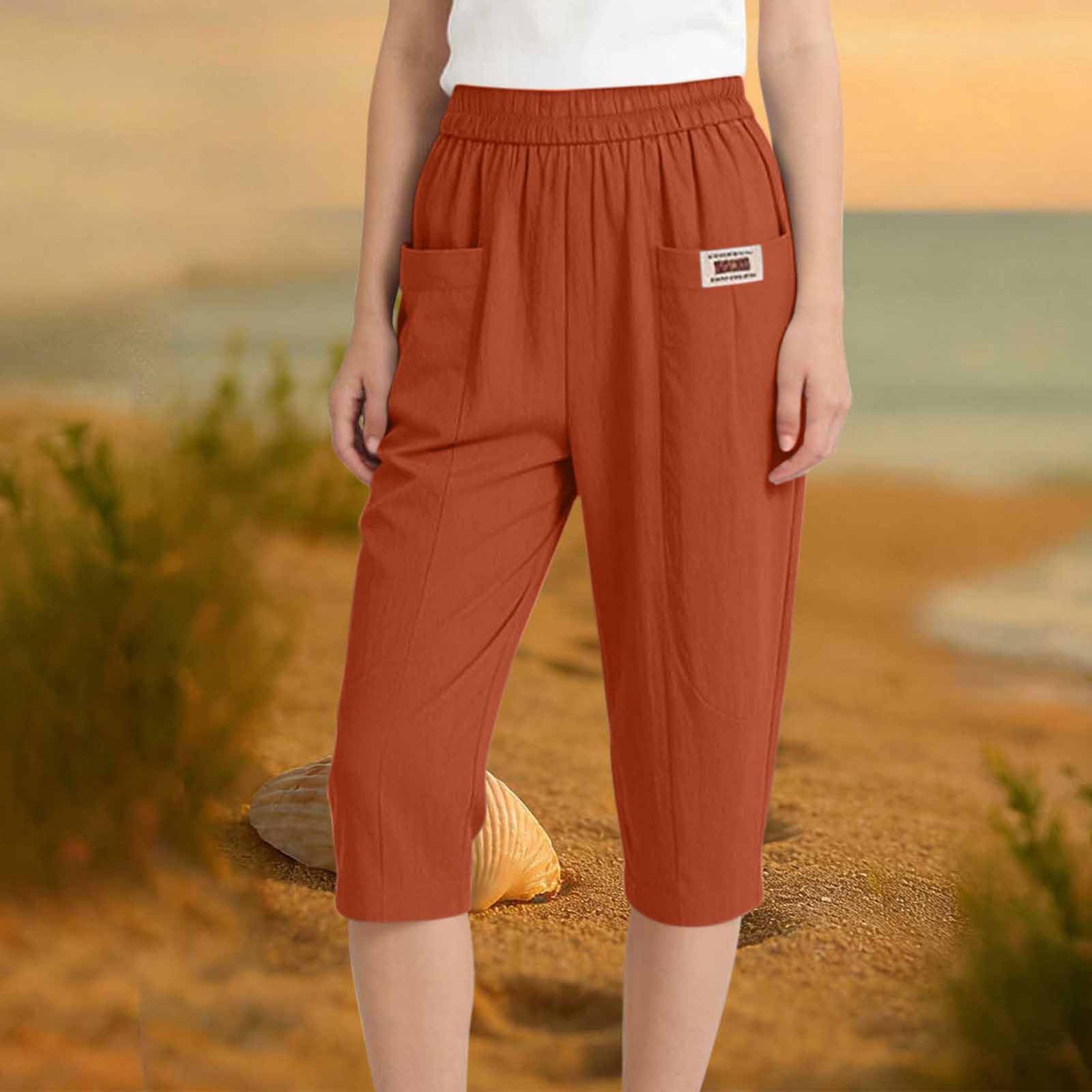 

Women s Cotton And Linen Capried Pants Summer Elastomer Waist Haren Pants All- Casual Pants M коричневий