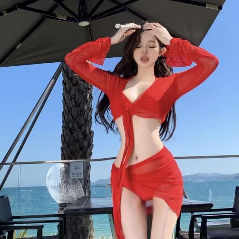 Mosricci Pure Lust Big Red White Sexy Bikini Four-piece Split Swimsuit Women's Long Sleeve Meat Cover Vacation
