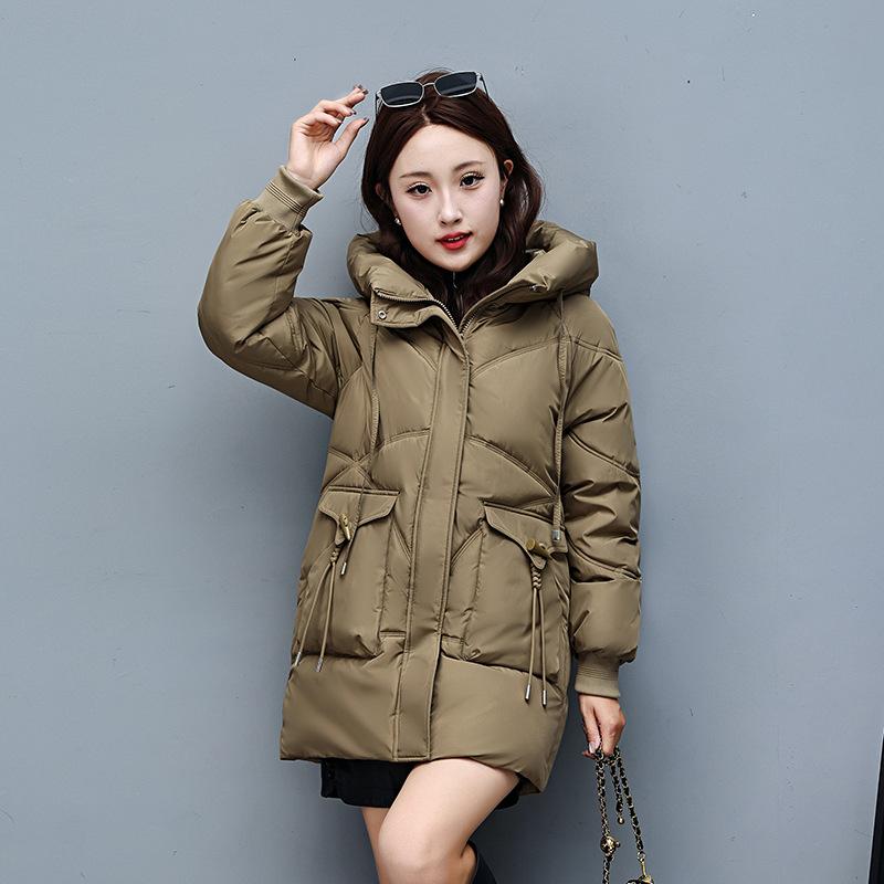 2025 new down cotton jacket mid-length thickened hooded padded jacket Korean version loose cotton jacket winter warm jacket for women