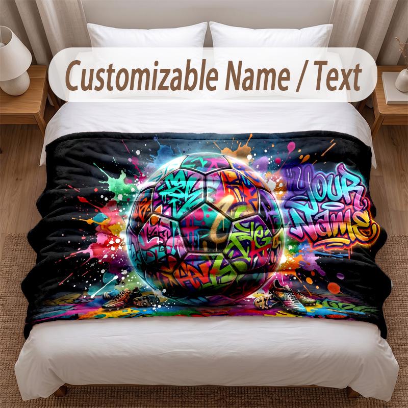 Soccer Theme Soft Blanket Personalized Custom Name Text Print Warm Blanket Home Sofa Bedroom Decor