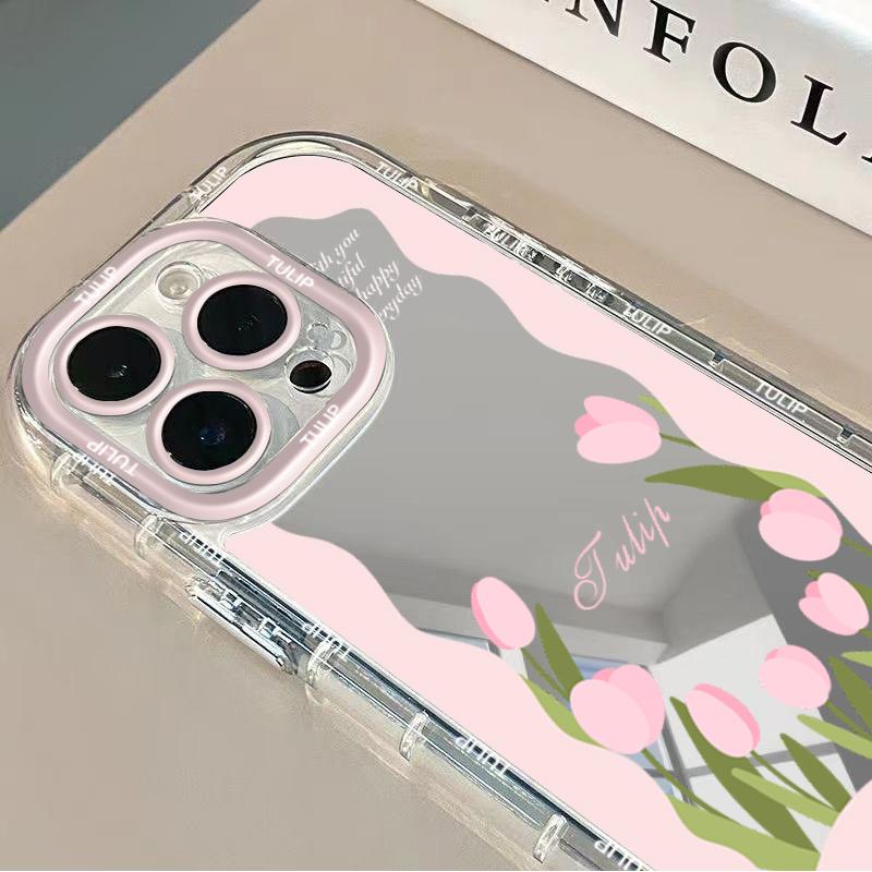 Tulip Flowers Pattern Phone Case For iPhone 17 11 Pro Max 16 14 13 Pro 12 15 XR XS X 7 8 Plus 16e SE2 Make Up Mirror Soft Cover