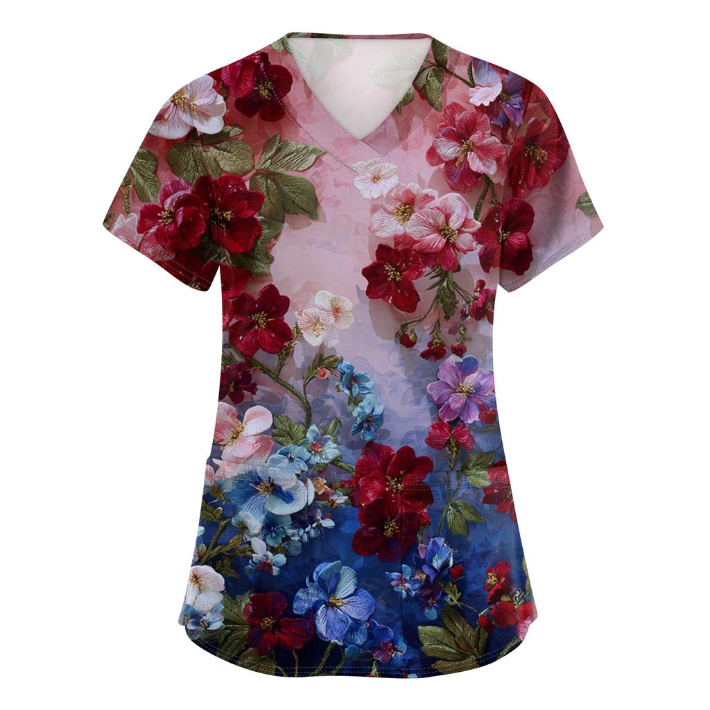 Women's Fashionable V-Neck Short-Sleeved Work Top With Pockets And Independence Day Print  Uniform