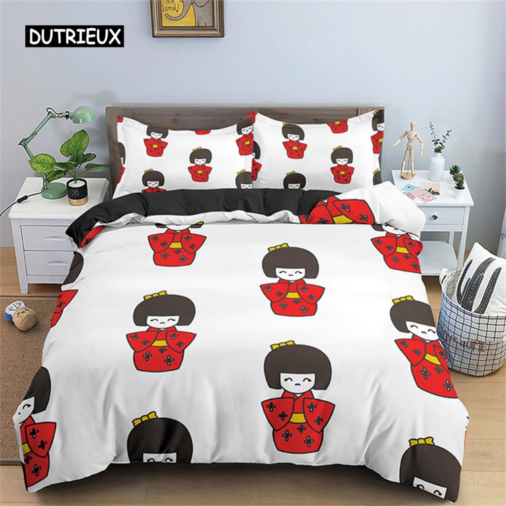 Duvet Cover Geisha Doll Lucky Cat Japanese Culture Theme Bedding Sets Quilt Cover for Bedroom Decoration for Children Women Girl