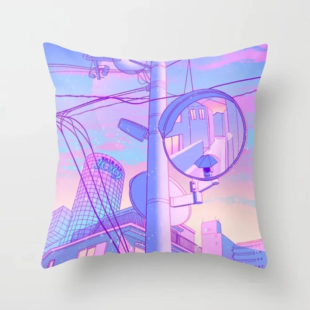 Pink Cartoon City Print Pillowcase Car Ornaments Office Living Room Home Pillowcase