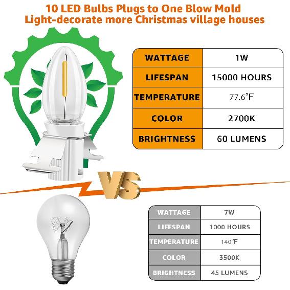 Accessory Cord with 10 Led Light Bulb, LED Light Bulb C7 Cord Clip Lights Christmas Cabin, for Christmas Village Houses Craft Decoration