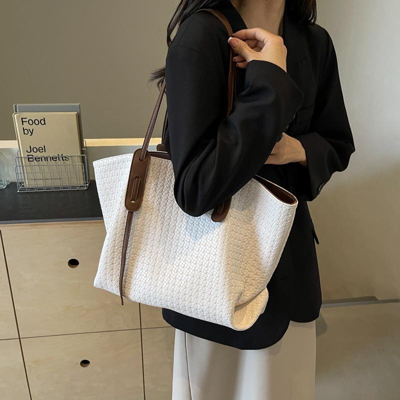 Tote bag woven pattern trendy retro texture casual shoulder bag simple versatile commuter large capacity bag women