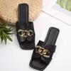 New Flat Leopard Women'S Slippers New American Metal Chain Square Toe Flat Shoes Women'S Sandals Slippers Zapatos