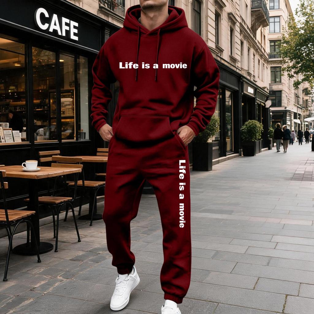 Men's Casual Letter Print Hooded Sweatshirt and Sweatpants Set, Lined Two Piece Outfit