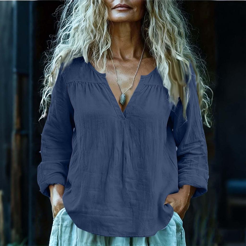 Women's Fashion Loose-Fit Long-Sleeve V-Neck Pullover Shirt Cotton-Linen Blend Top