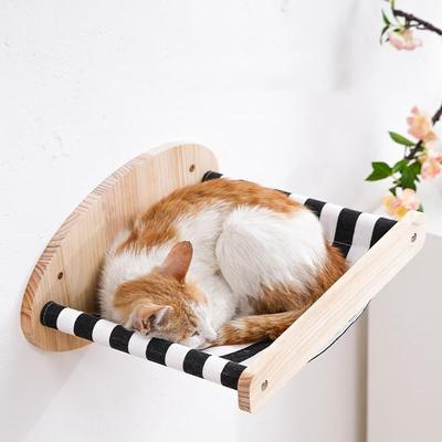 Cat Hammock Wall Mounted Large Cats Shelf - Solid Wood Cat Perches Climbing Shelf- Stripes Kitty Furniture for Sleeping