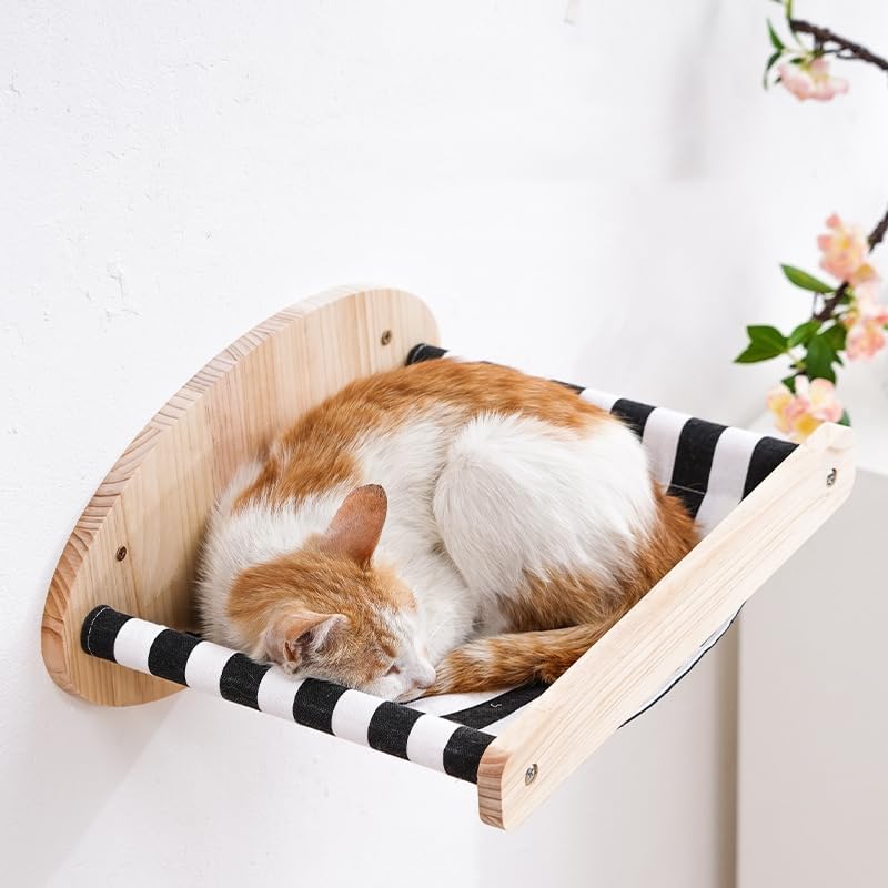 Cat Hammock Wall Mounted Large Cats Shelf - Solid Wood Cat Perches Climbing Shelf- Stripes Kitty Furniture for Sleeping