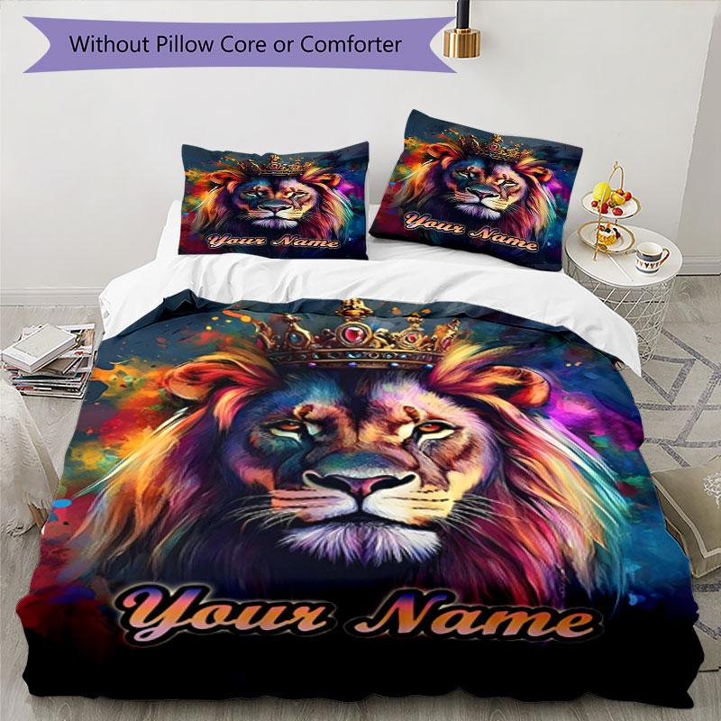 3PC Custom Name Royal Lion Majesty Bedding Set Duvet Cover Closure Includes 1 Duvet Cover & 2 Pillowcases for Bedroom