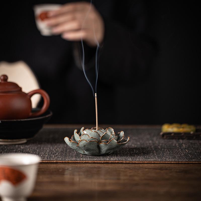 Creative handmade line incense insert peony flower incense burner household indoor ceramic Ge kiln retro line incense base incense ornament