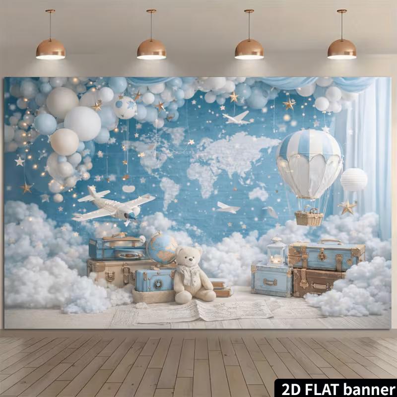 2D World Map & Airplane Backdrop with Bear & Suitcases Kids Birthday Party Photo Booth Background