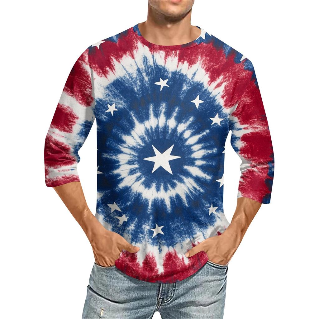 Men's Fashion Casual Independence Day Print  Neck Seven-point Sleeve Top T-shirt