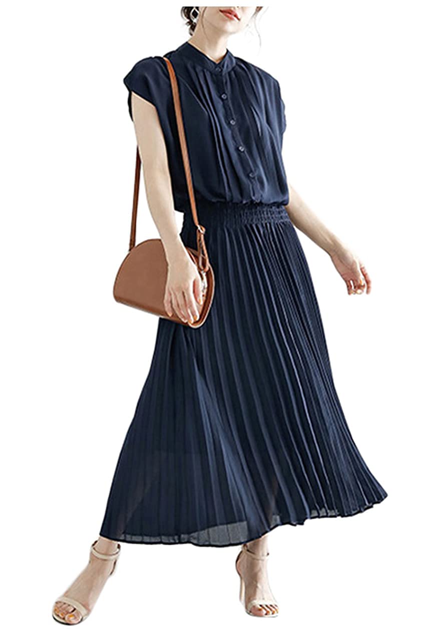 

French Sleeve Pleated Casual Fashion Dress Gradient Elegant Short Sleeve Bow Tie Waist Midi Dress [JINJUDUO] Women s тёмно-синий