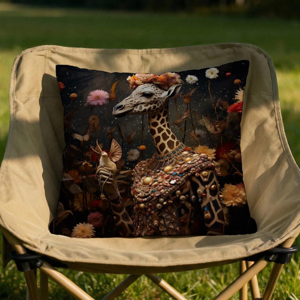 Retro Dressed Up Giraffe Cushion Cover Soft Reversible  Durable Pillow Cover  MultiScene Use for Home  Car Daily Comfort