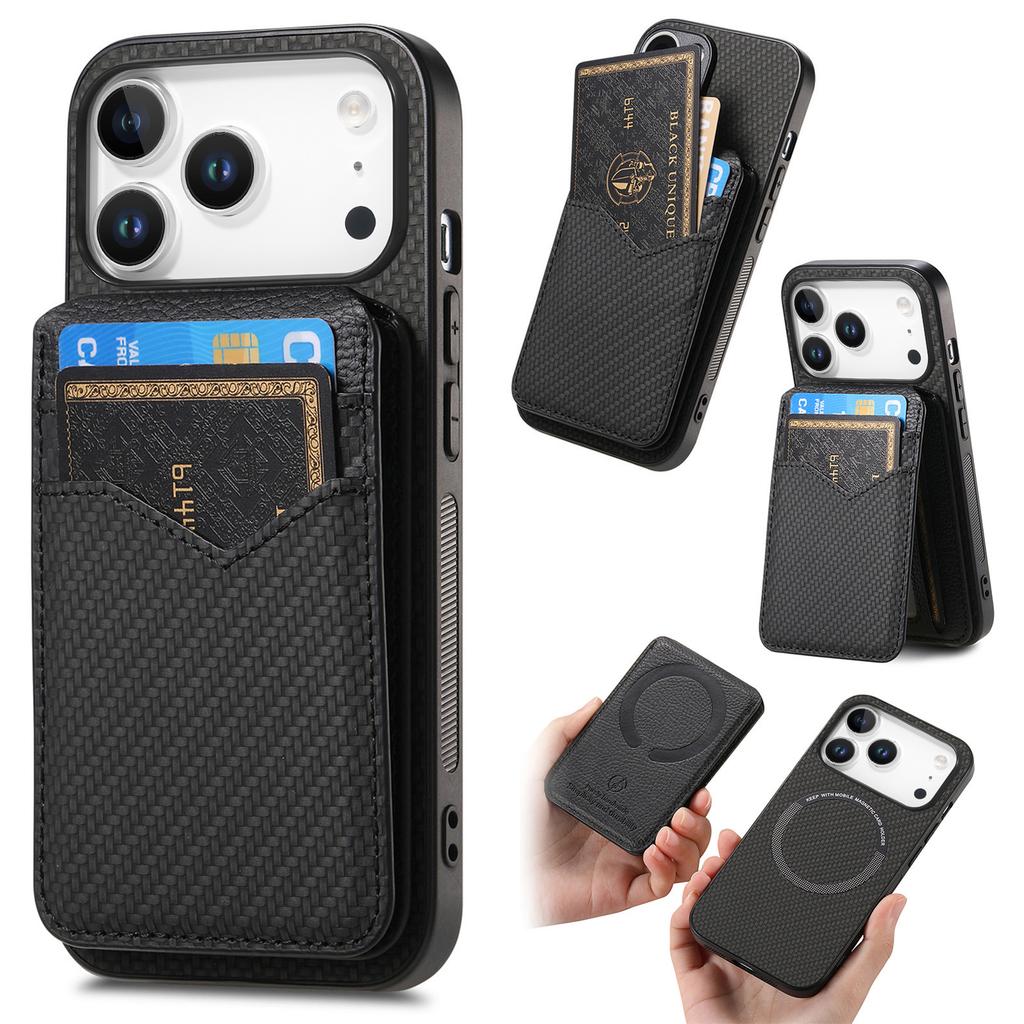 For iPhone 17 Pro Magnetic Case Carbon Fiber Texture Back Cover with Detachable Card Holder