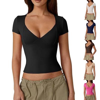 Top da donna T-shirt aderente Top a V con fondo a maniche corte Sexy Tinta unita T-shirt