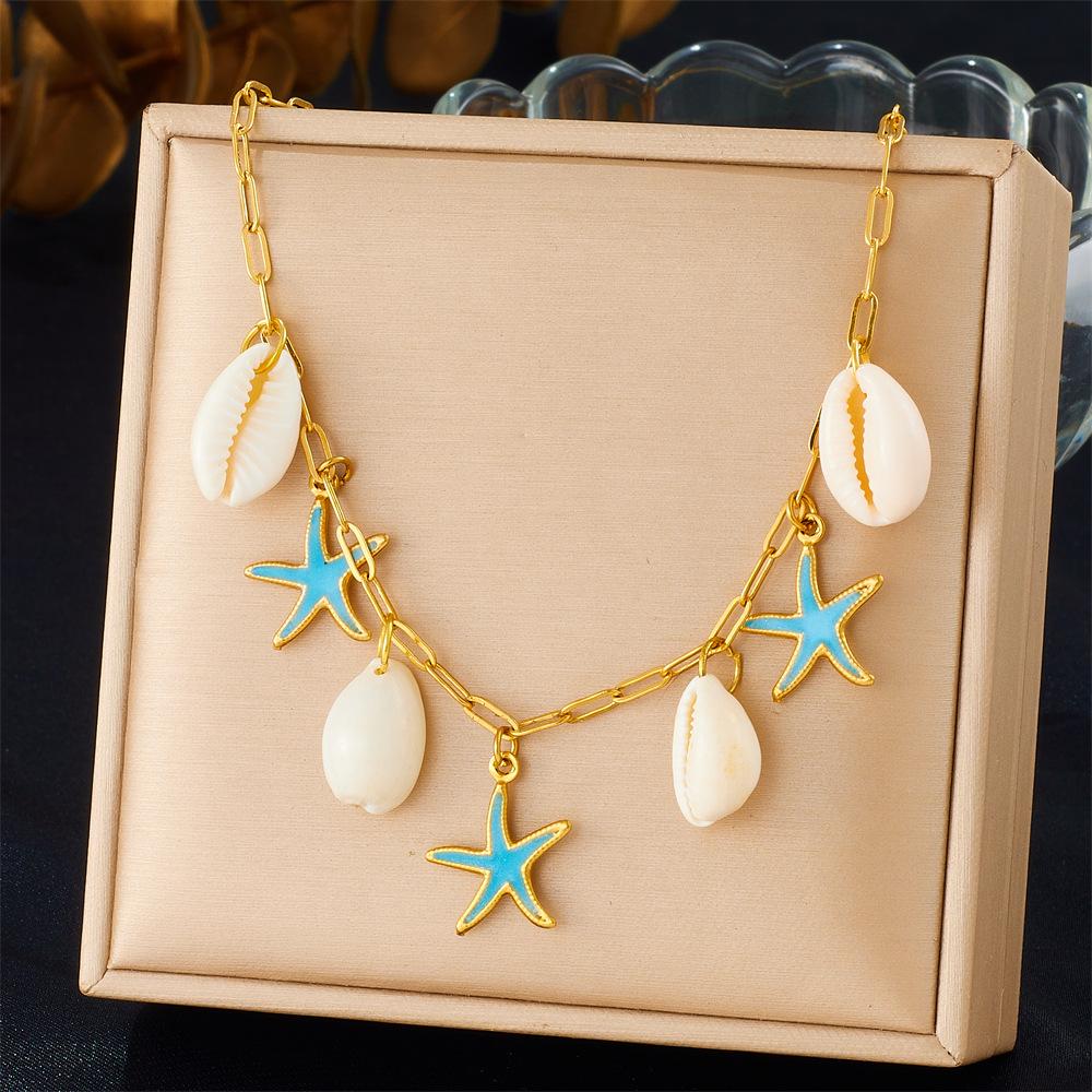 Fashionable Seaside Vacation Style Bead Necklace Exquisite Sea Fish Starfish Sun Shell Necklaces Multi-Element Blue Jewelry