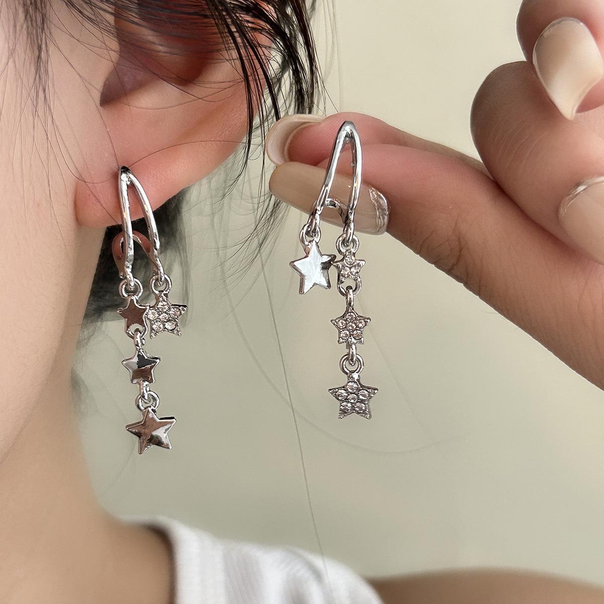Silver Needle Rhinestone Five-Star Tassel Earrings - Elegant  Luxurious Design