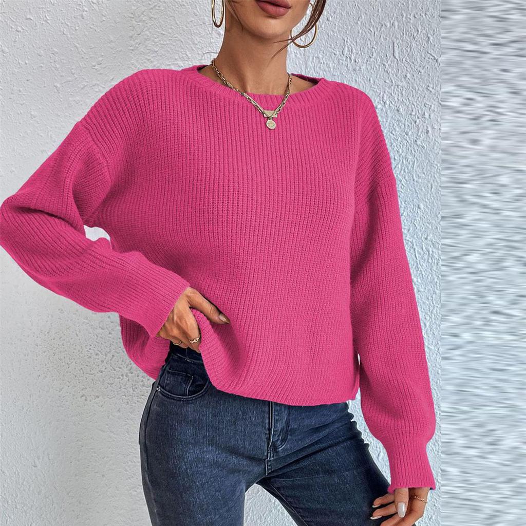 Women's Fashion Casual Crewed Neck Pullover Long-Sleeve Bolded Knit Sweater Top