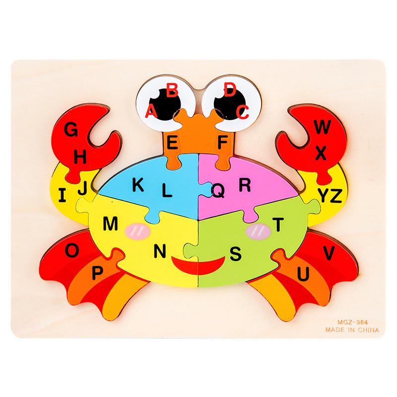 Деревянная азбука-пазл «Животные и транспорт» для раннего обучения и когнитивного развития Crab