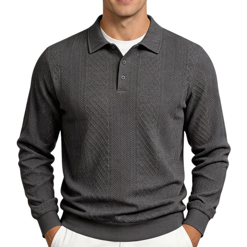 Men's Jacquard Textured Button Down Collar Polo Sweatshirt.