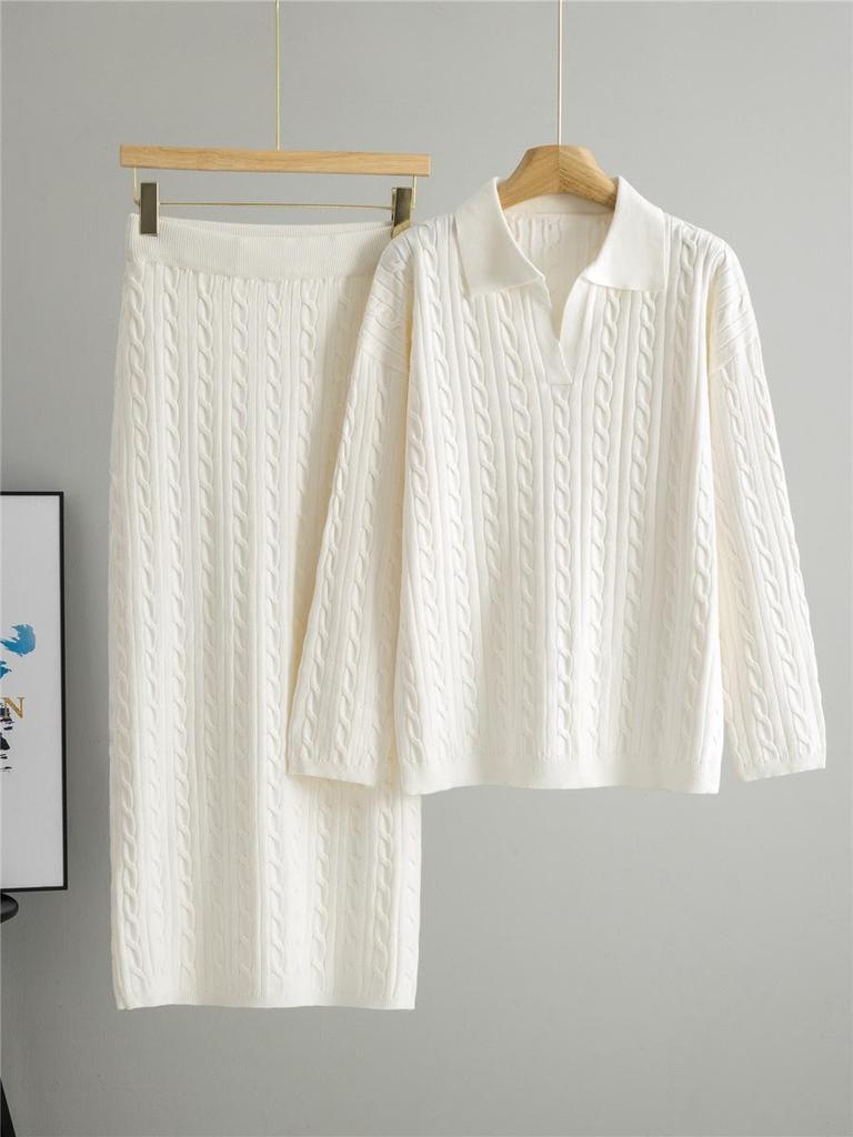 Women's Cable Knit POLO Collar Sweater & Skirt Set - Autumn/Winter 2025 Age-Reducing Style