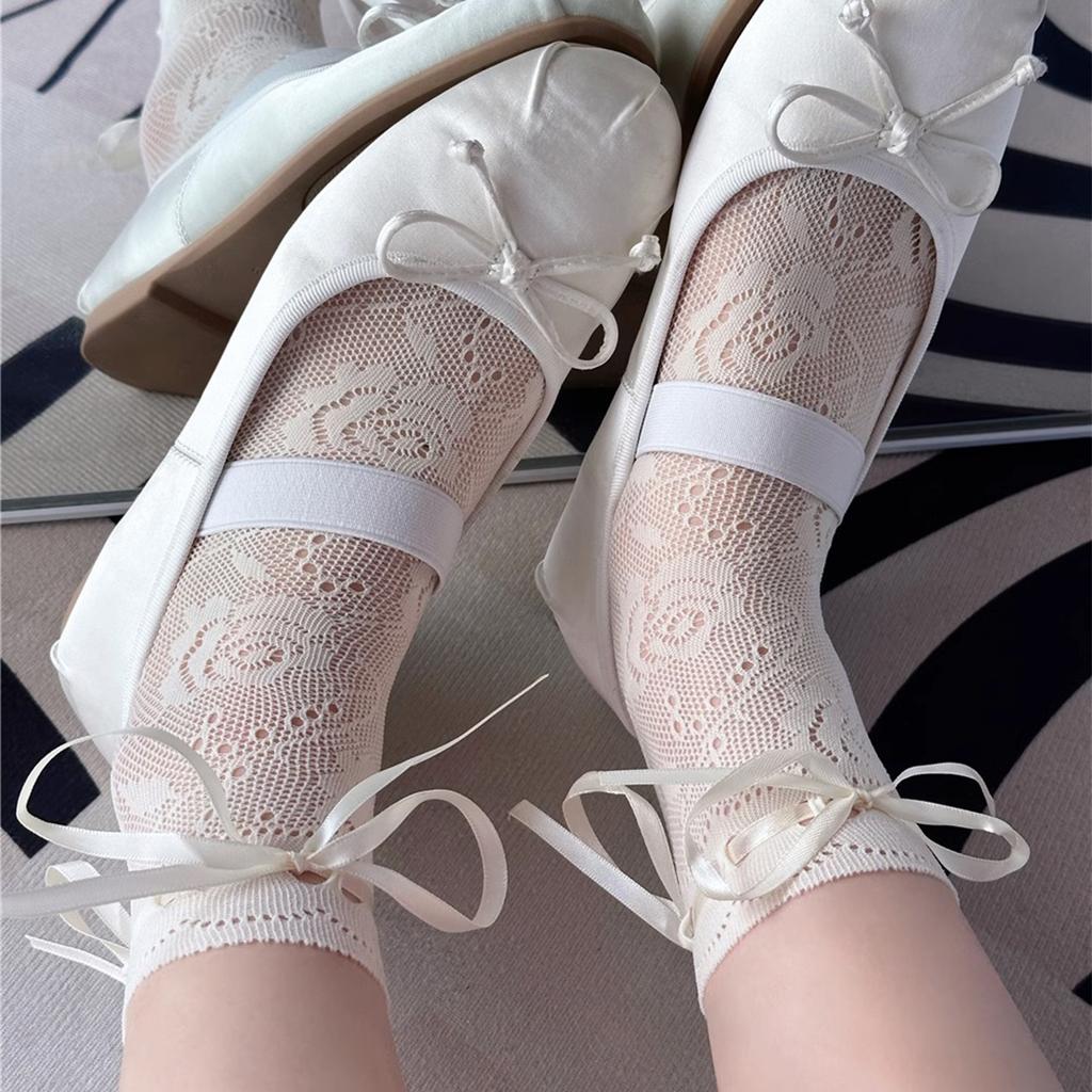Women Sweet Hollow-Out Floral Lace Ankle Socks Japanese Cute Lace Up Bowknot Crew Socks Solid Color Middle Tube Socks